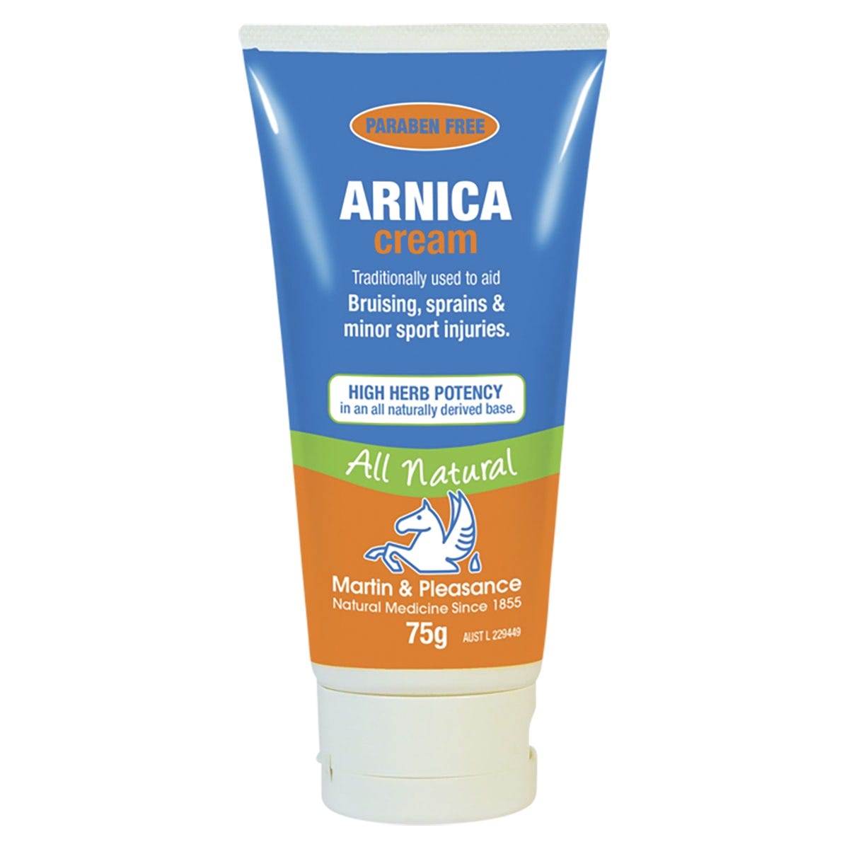 75g tube of Martin & Pleasance Arnica Herbal Cream for relief of bruising and sprains, on a white background.