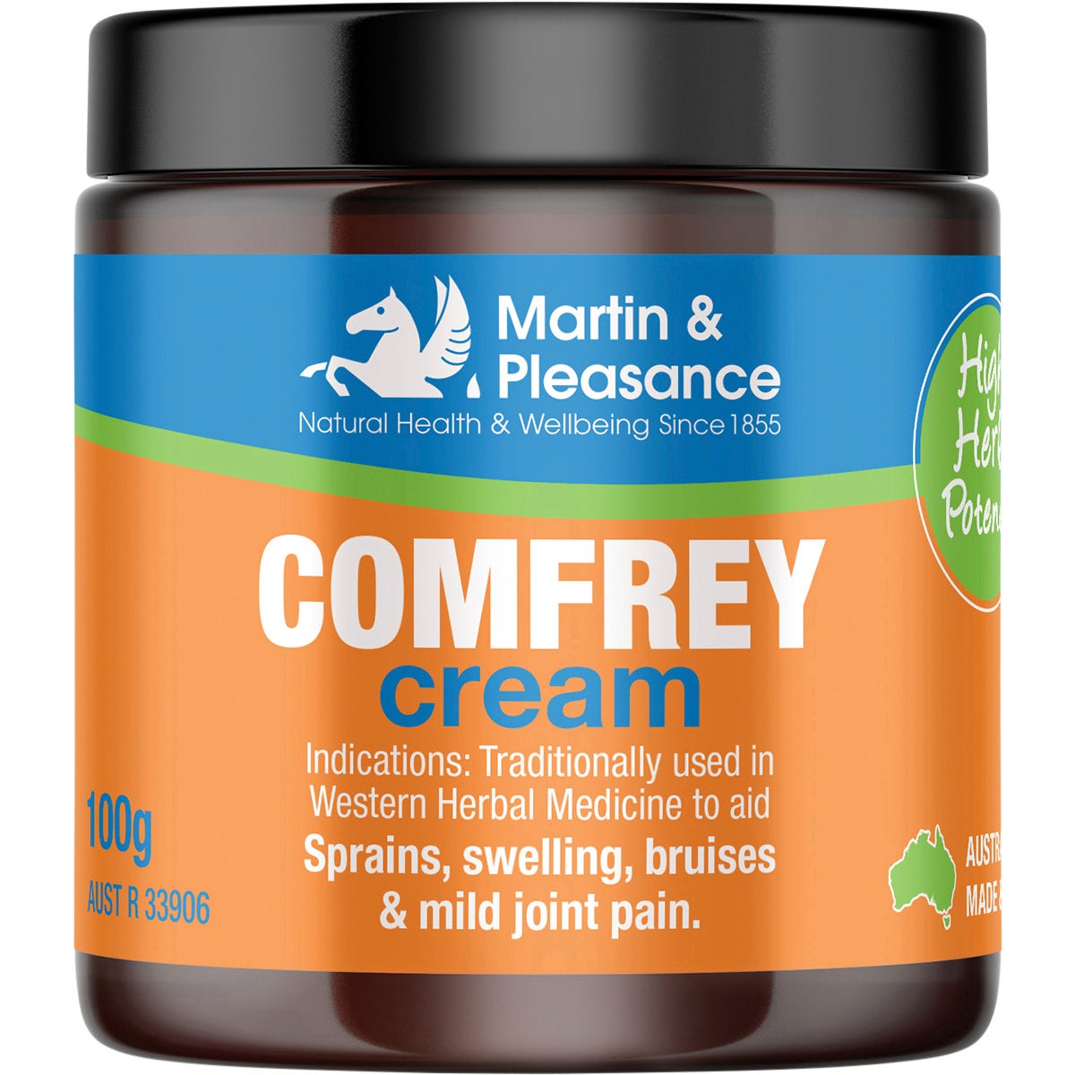 100g jar of Martin and Pleasance Comfrey Herbal Cream for relief of sprains and swelling on a white background.