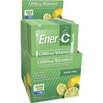 Side view of Ener-C Lemon Lime 12-pack box showing product features and natural ingredients.