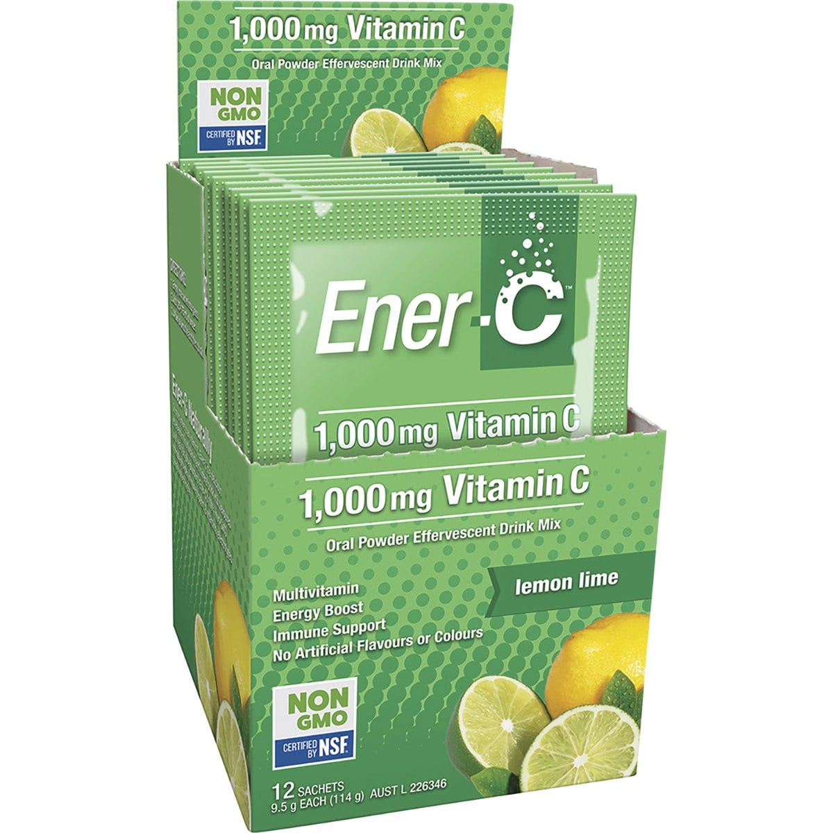 Side view of Ener-C Lemon Lime 12-pack box showing product features and natural ingredients.
