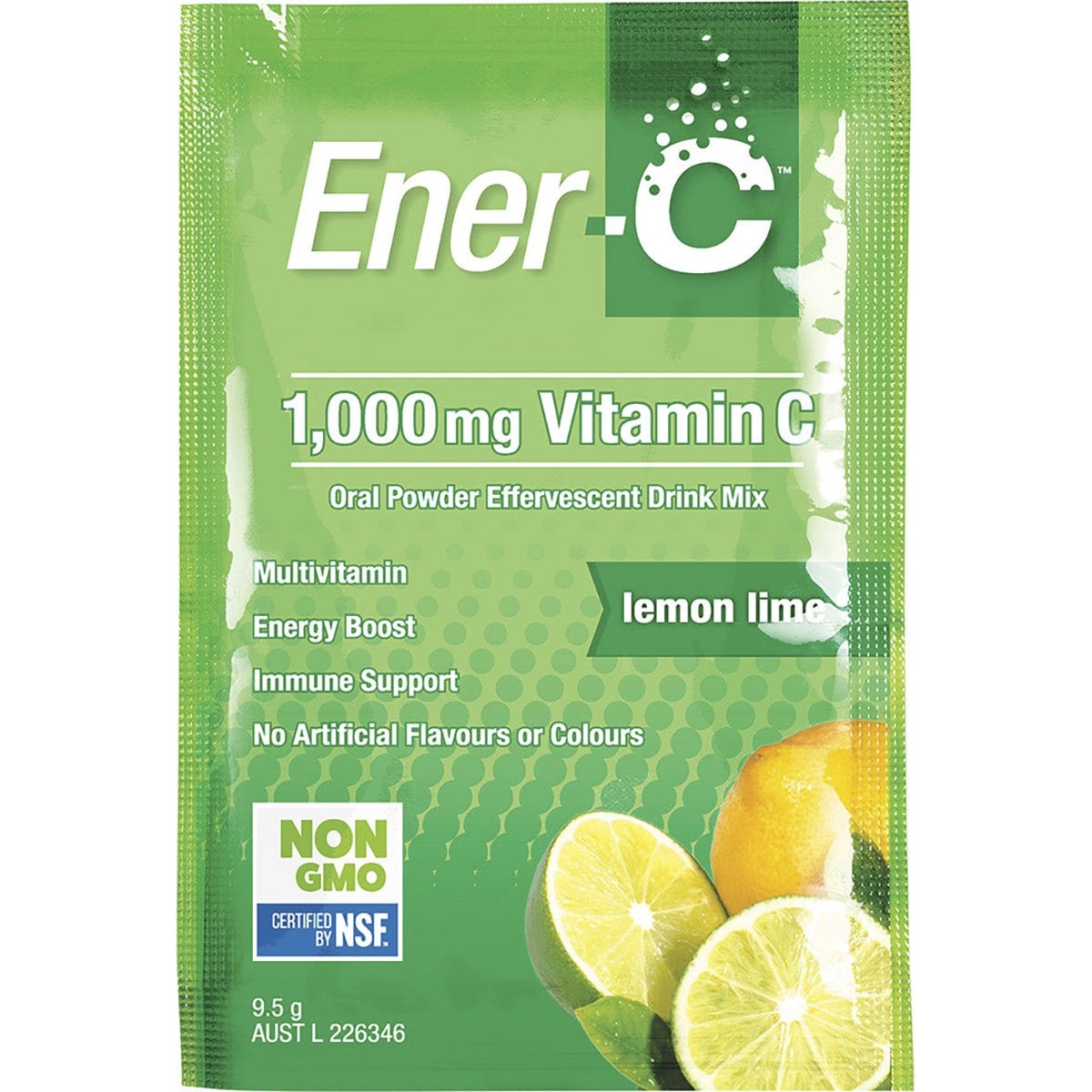 Ener-C Lemon Lime 12-pack box and two vitamin C drink mix sachets on a white background.