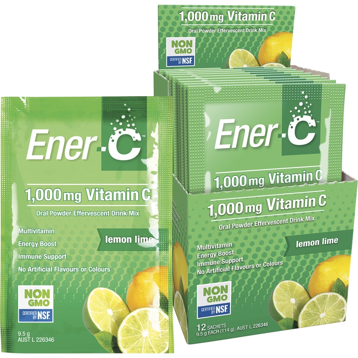 Box of 12 Ener-C Lemon Lime 1000mg Vitamin C drink mix sachets with two individual packets displayed.