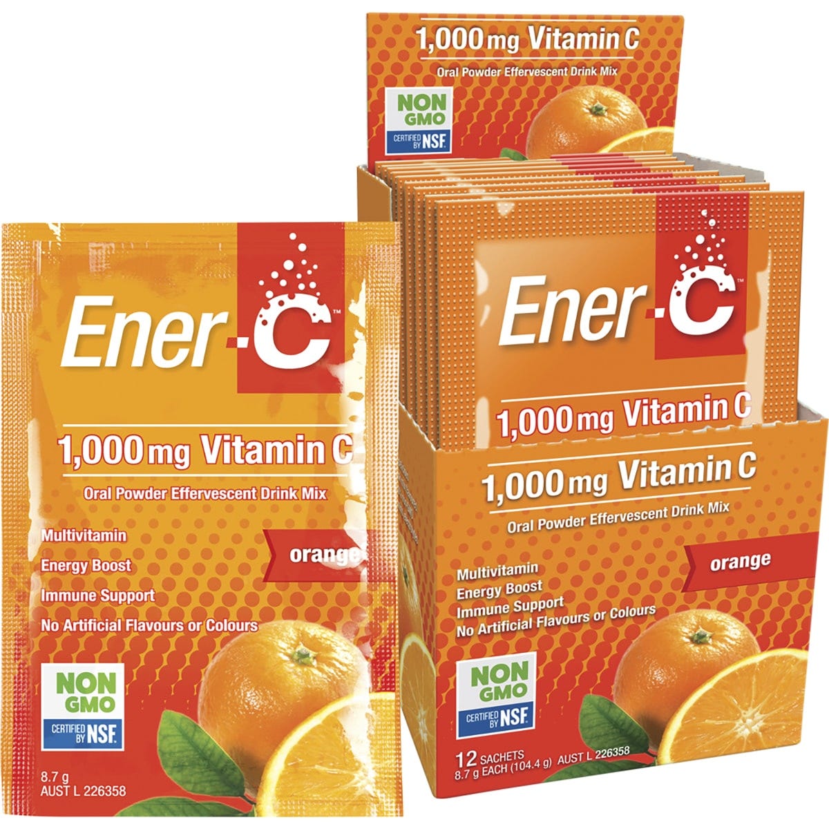 Orange box and sachet of Ener-C Vitamin C drink mix with an orange slice illustration on a white background.