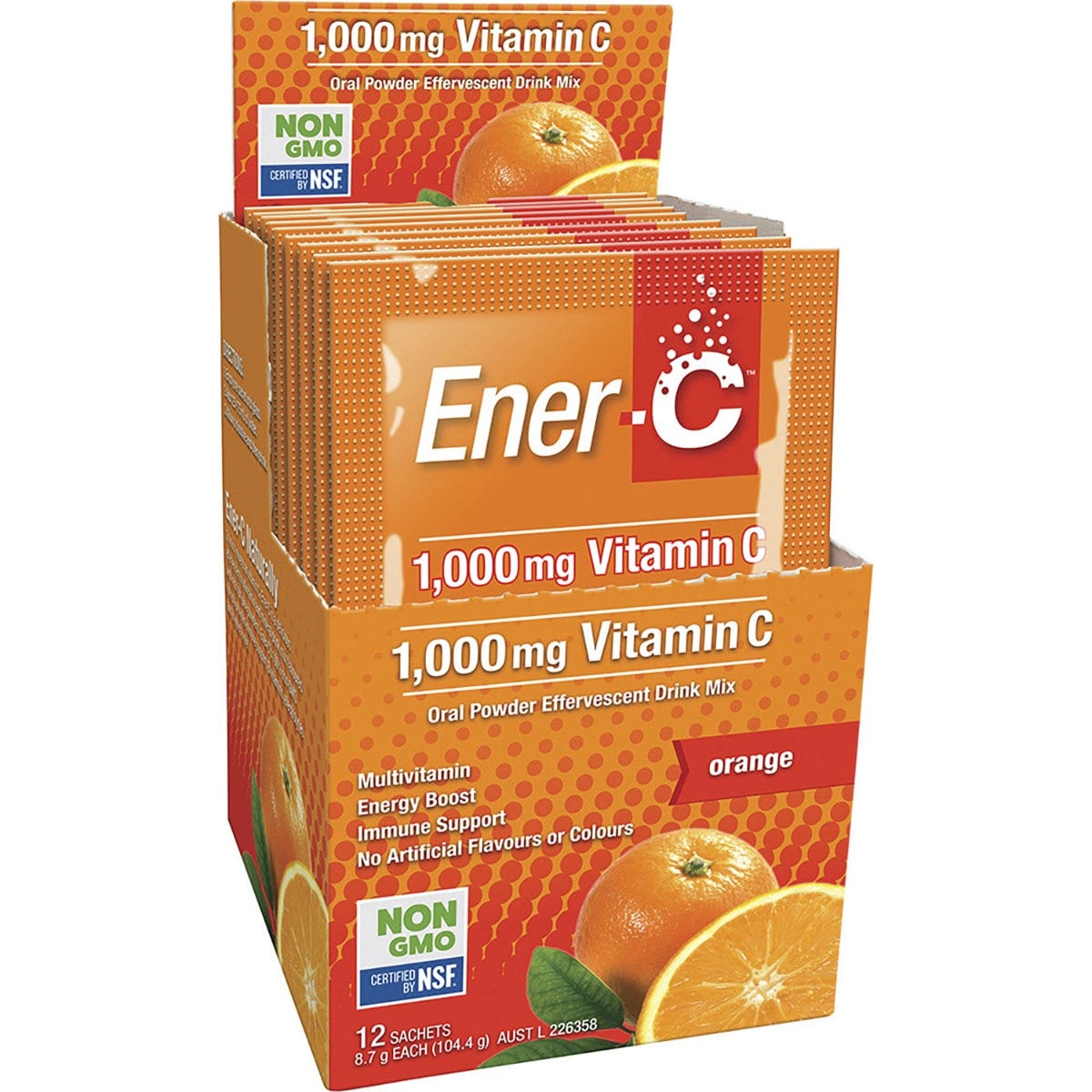 Back of Ener-C Orange box showing nutrition facts, ingredients, and directions for use on a white background.