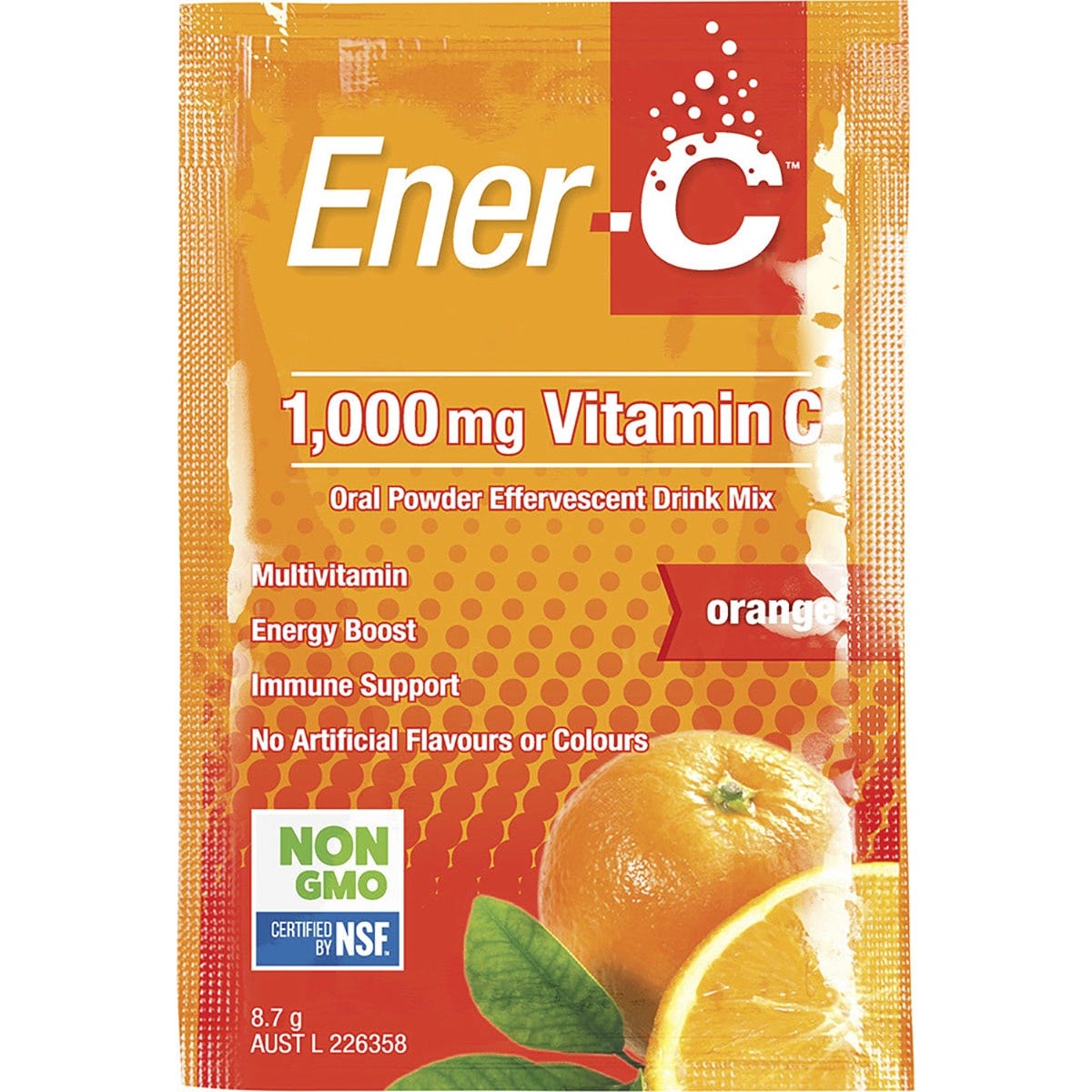 Orange box and sachet of Ener-C 1000mg Vitamin C drink mix with an orange slice illustration.