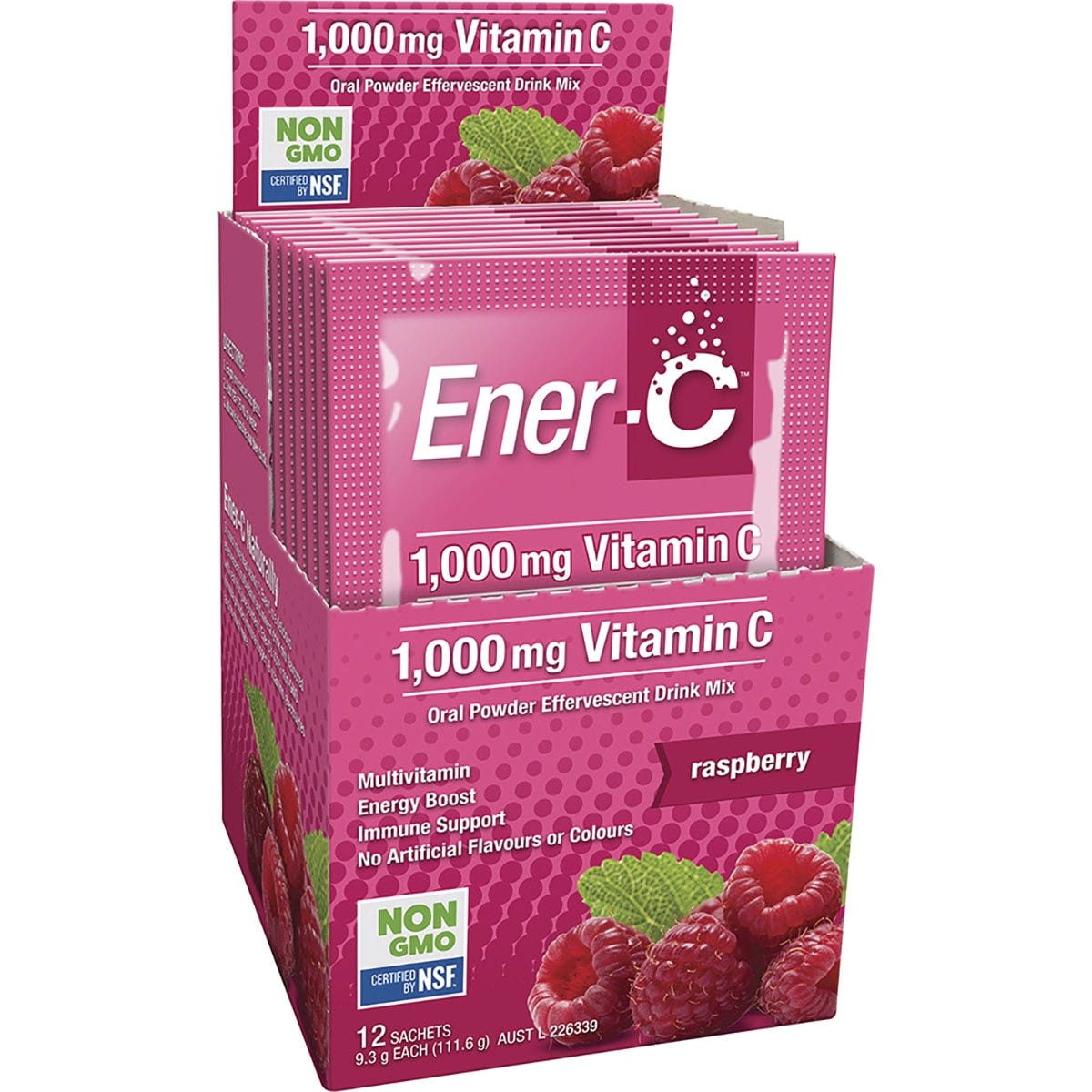 Back of the Ener-C Raspberry box showing nutrition facts, ingredients, and directions on a white background.