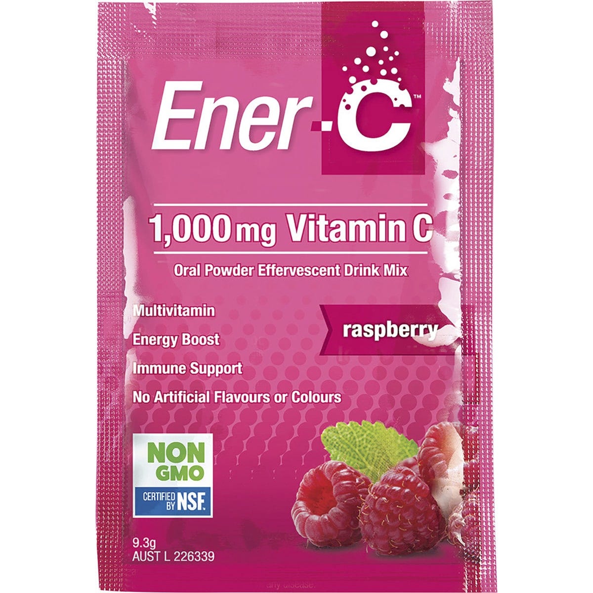 Box of 12 Ener-C Raspberry Vitamin C drink mix sachets on a white background.