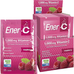 12-pack box of Martin & Pleasance Ener-C 1000mg Raspberry vitamin drink mix sachets on a white background.