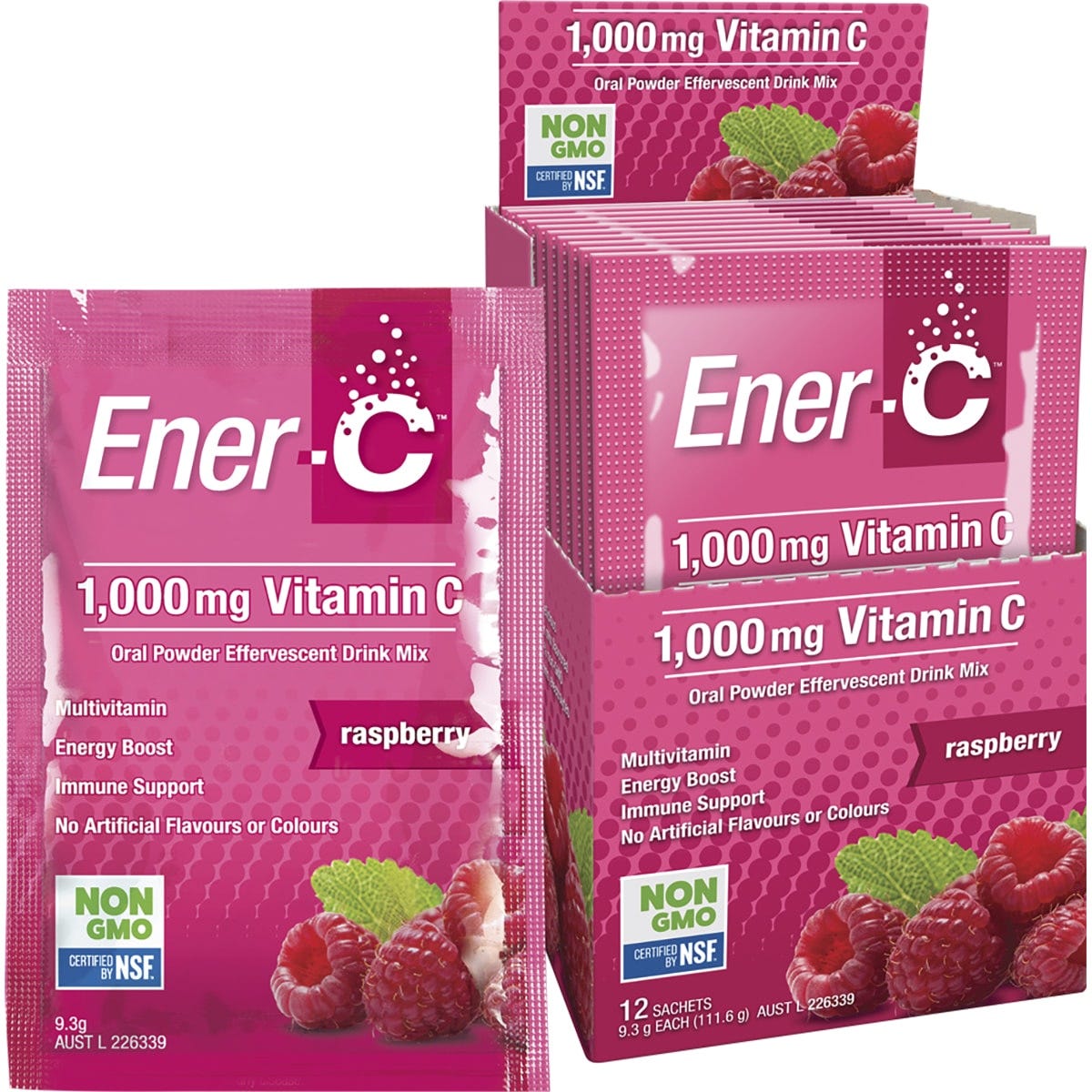 12-pack box of Martin & Pleasance Ener-C 1000mg Raspberry vitamin drink mix sachets on a white background.