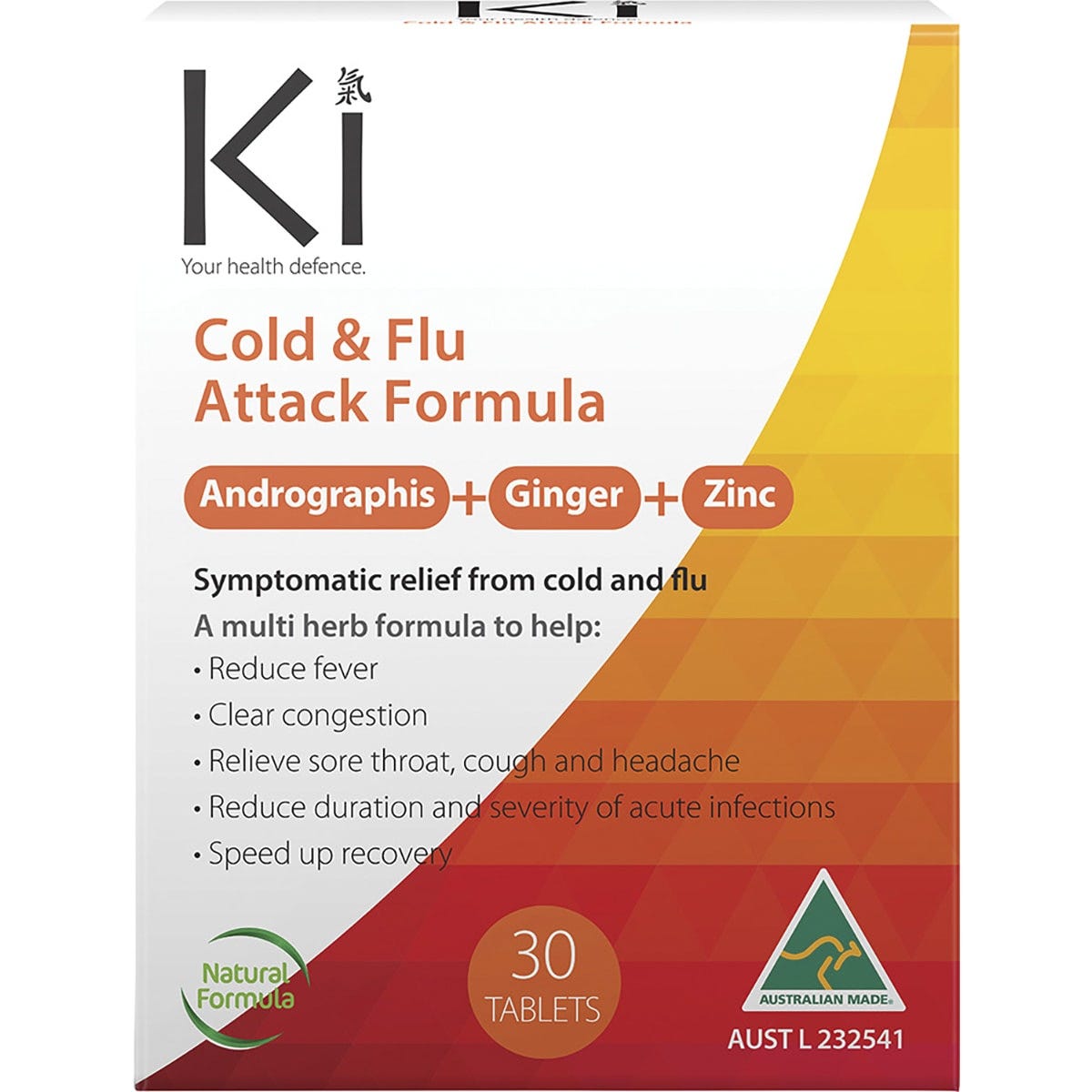 Box of Martin and Pleasance Ki Cold and Flu Attack Formula 30 Tablets with andrographis, ginger, and zinc.