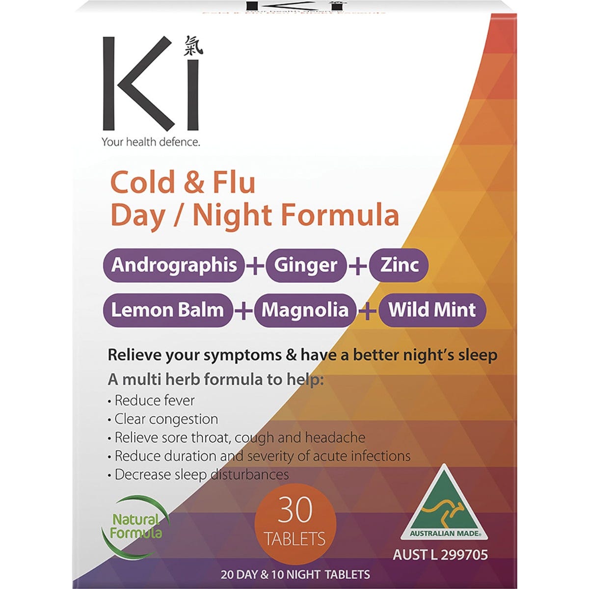 Box of 30 Martin and Pleasance Ki Cold and Flu Day and Night tablets for symptom relief and restorative sleep.