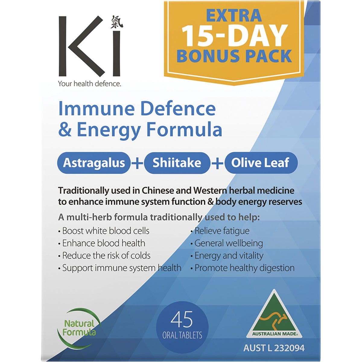 Box of 45 Martin & Pleasance Ki Immune Defence & Energy tablets featuring a white and purple label with botanical art.