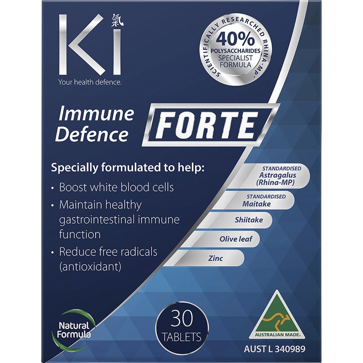Martin & Pleasance Ki Immune Defence Forte 30 Tablets box featuring Astragalus, Shiitake, and Olive Leaf.