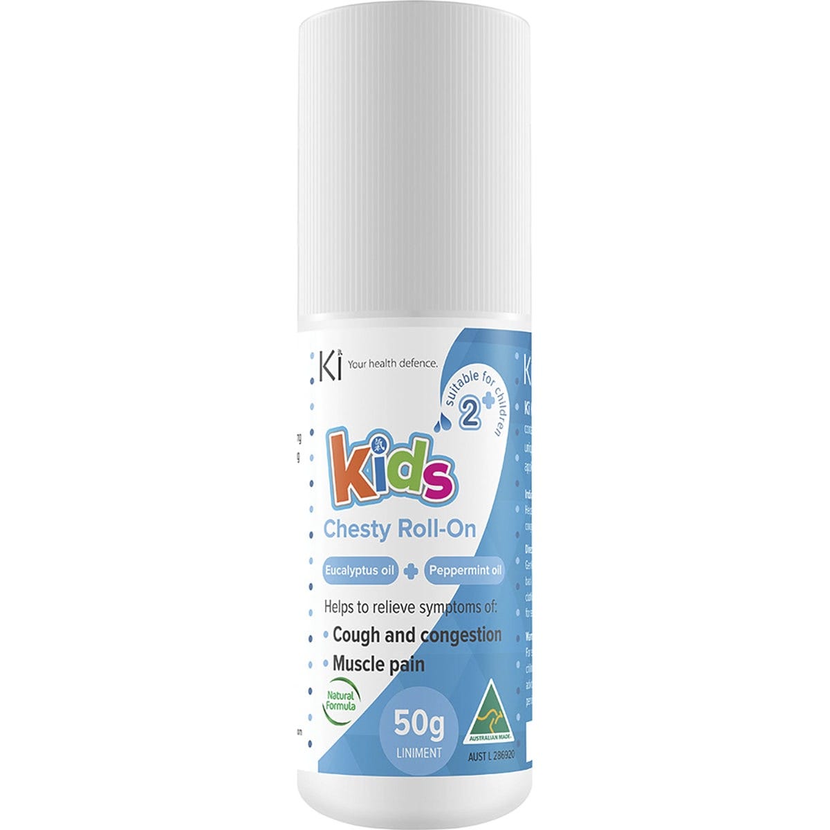 50g bottle of Ki Kids Chesty Roll-On by Martin & Pleasance for cough and congestion relief on a white background.
