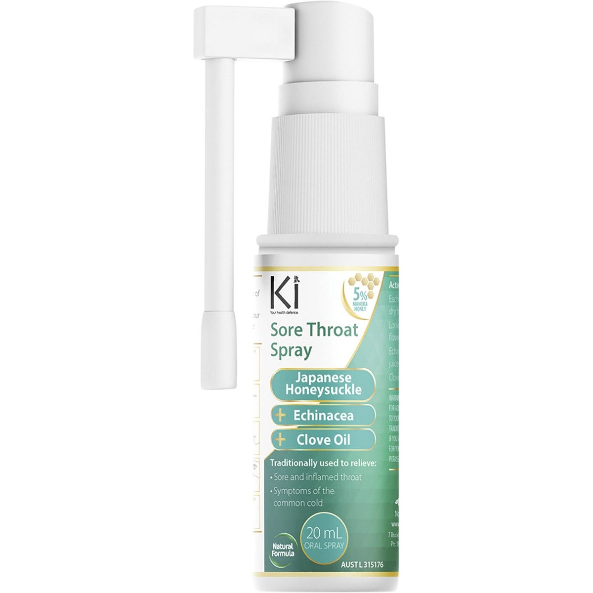 20ml bottle of Martin and Pleasance Ki Sore Throat Spray with a 360-degree rotational nozzle and green label.