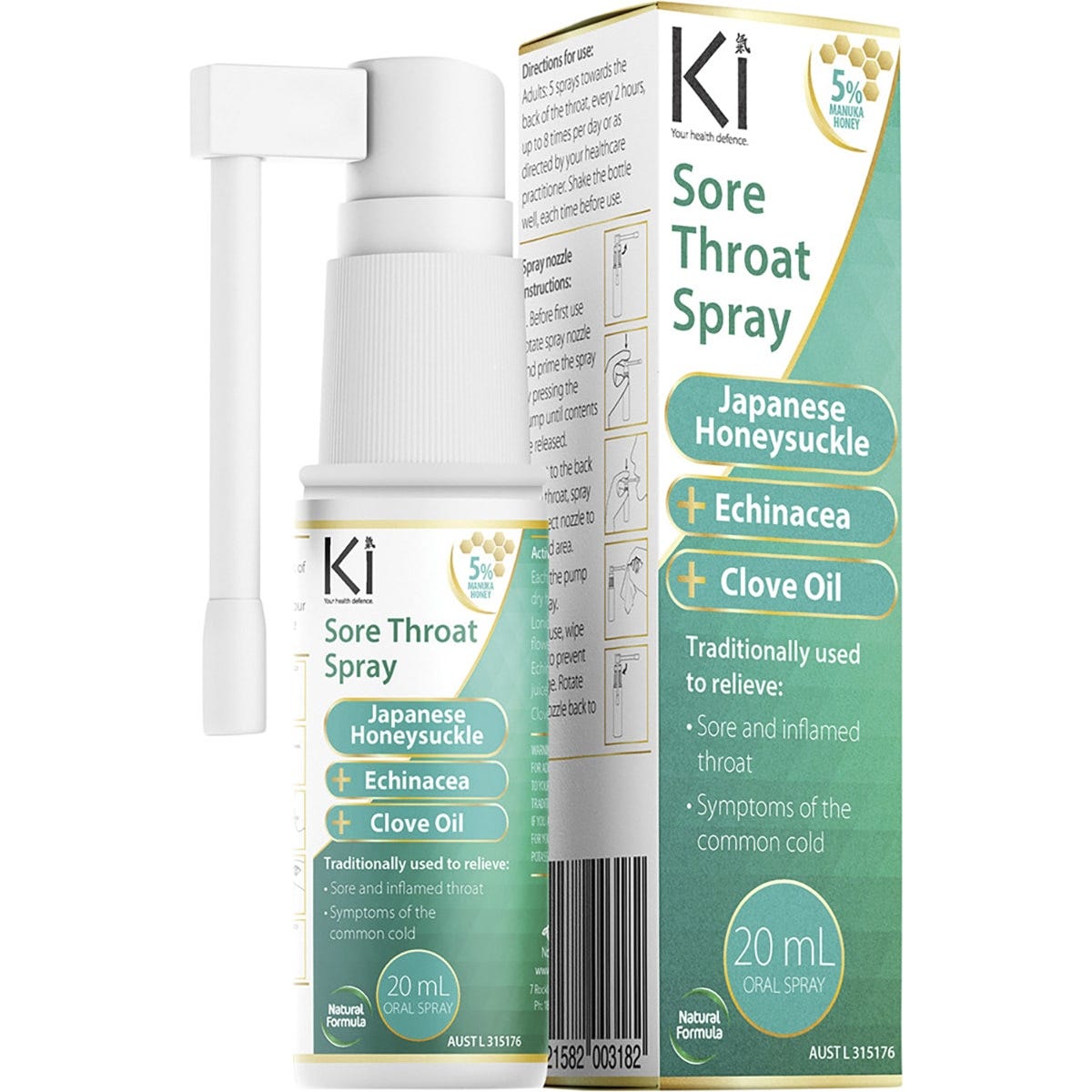 20ml bottle of Martin and Pleasance Ki Sore Throat Spray featuring a 360-degree rotational nozzle and green label.
