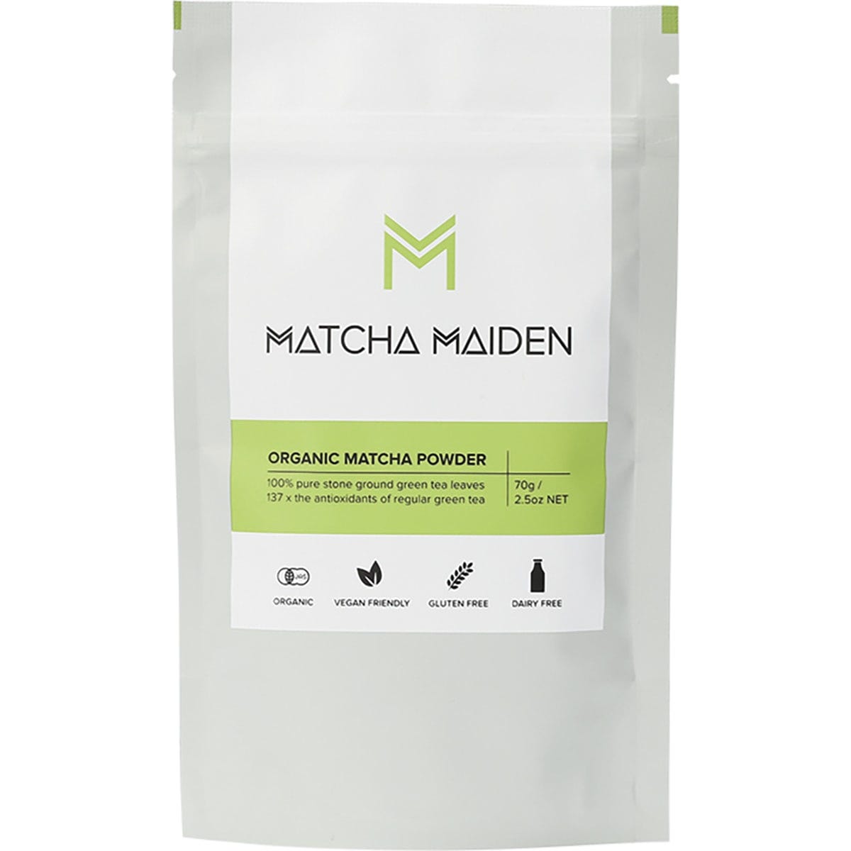 70g pouch of Matcha Maiden 100% pure stone-ground organic Japanese matcha green tea powder on a white background.