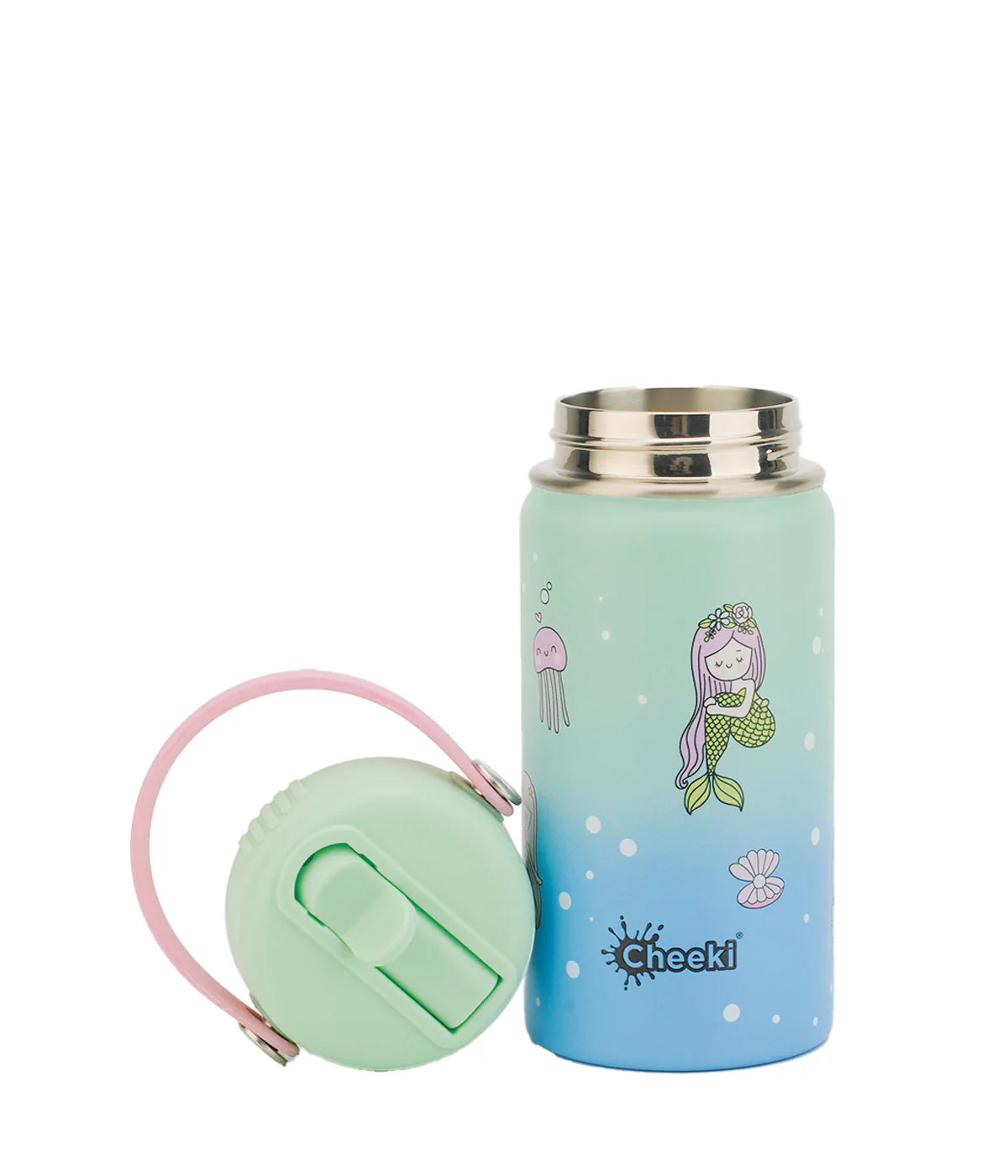 Side view of a green 400ml Cheeki mermaid-themed kids water bottle with a blue straw lid and carry handle.