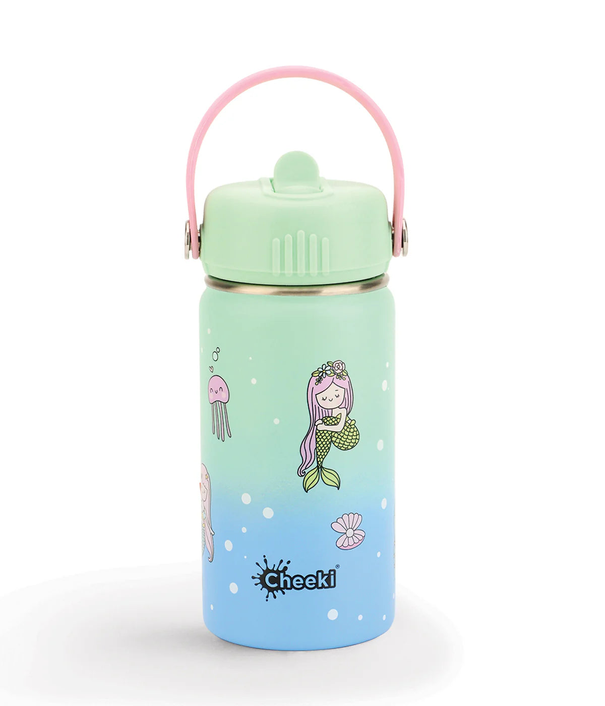 Cheeki 400ml mermaid-themed kids water bottle in green with a blue straw lid and soft carry handle.
