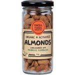 110g glass jar of Mindful Foods Organic and Activated Almonds with a black lid and illustrated label.