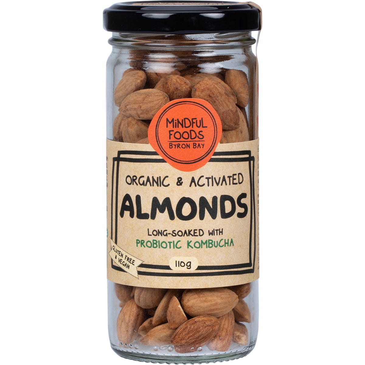 110g glass jar of Mindful Foods Organic and Activated Almonds with a black lid and illustrated label.