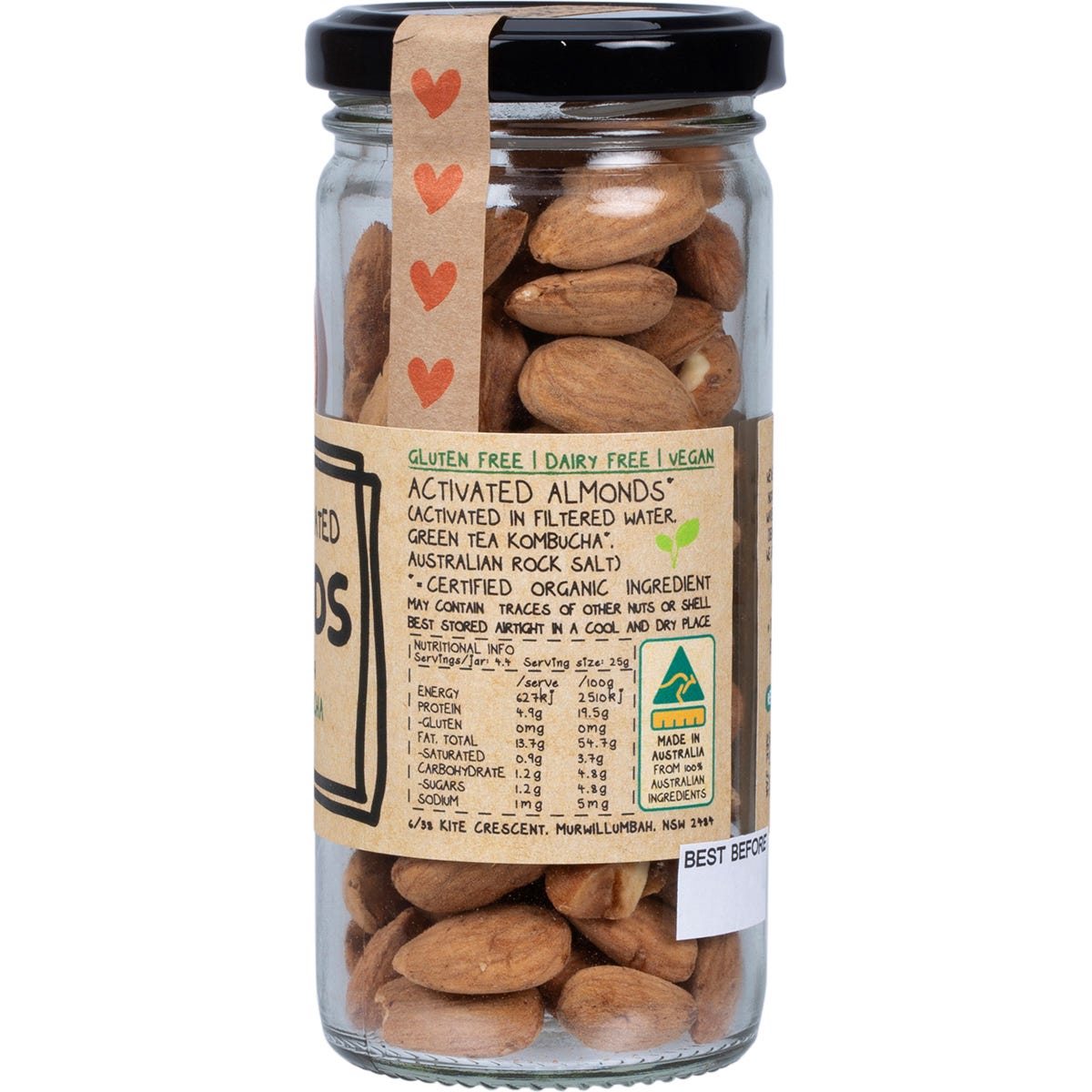 Mindful Foods Organic and Activated Almonds in a 110g glass jar with a black lid on a white background.