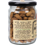 Mindful Foods 225g glass jar of organic and activated almonds against a white background.