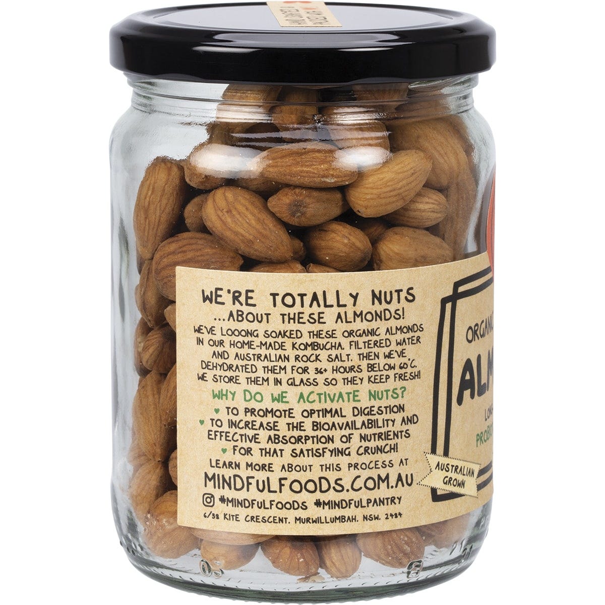 Mindful Foods 225g glass jar of organic and activated almonds against a white background.