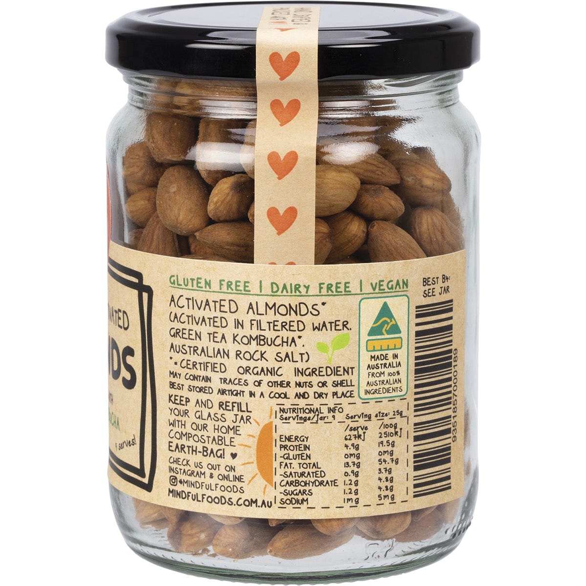 Back of Mindful Foods 225g organic activated almonds jar with nutrition facts, ingredients, and product information.