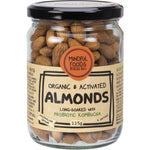 Mindful Foods 225g glass jar of organic and activated almonds with a blue and white label.