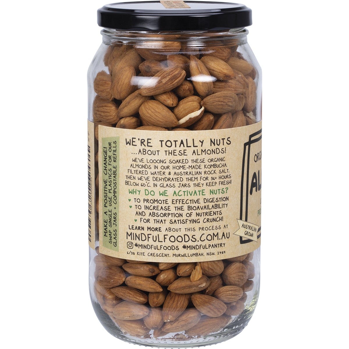 Close-up of a 450g jar of Mindful Foods Organic & Activated Almonds, showing the white label and crunchy whole nuts inside.