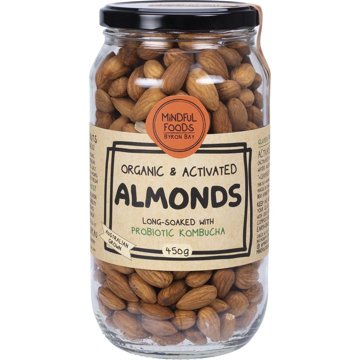 450g jar of Mindful Foods Organic and Activated Almonds with a black lid and white label on a clean background.