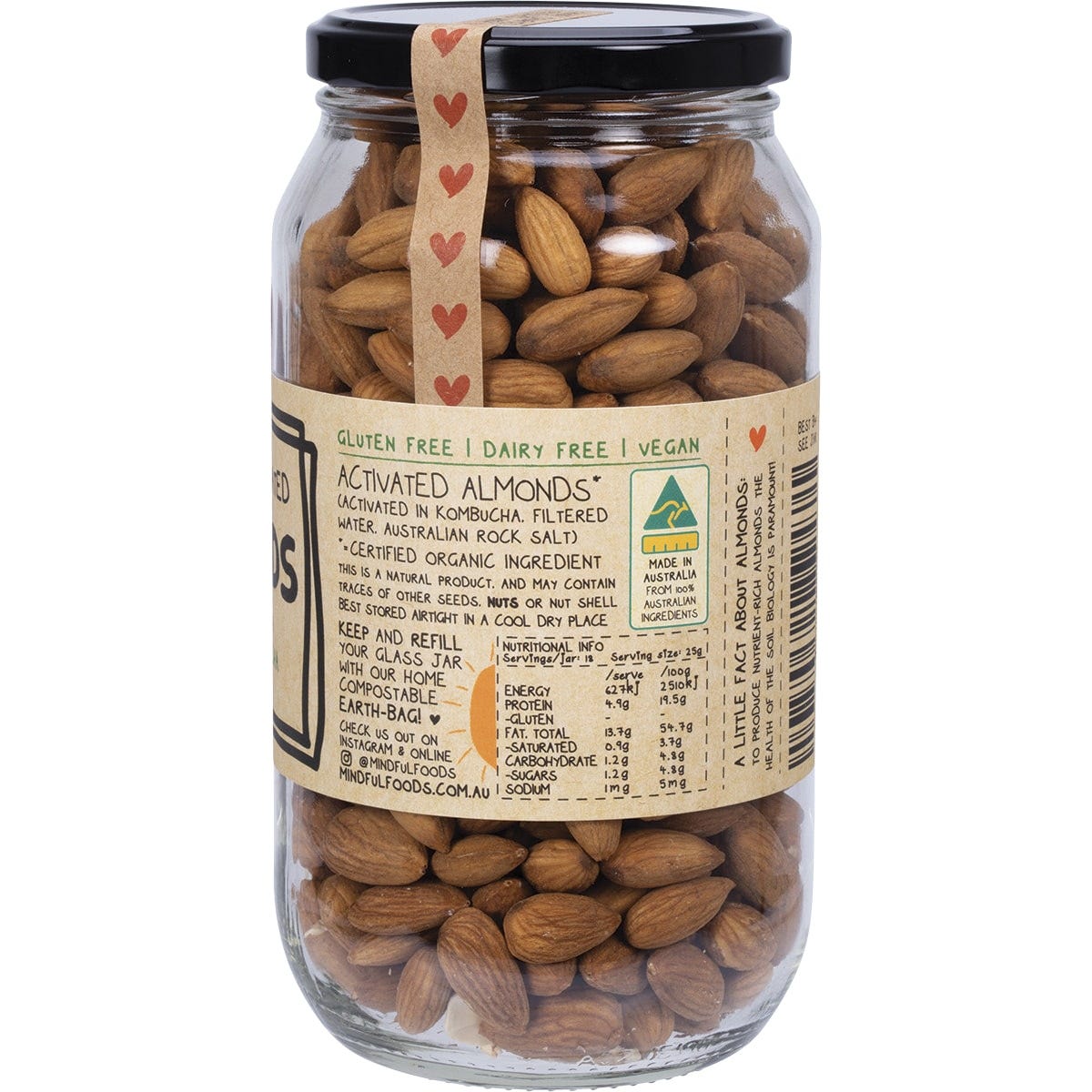 Side view of a 450g glass jar of Mindful Foods Organic Activated Almonds on a white background.