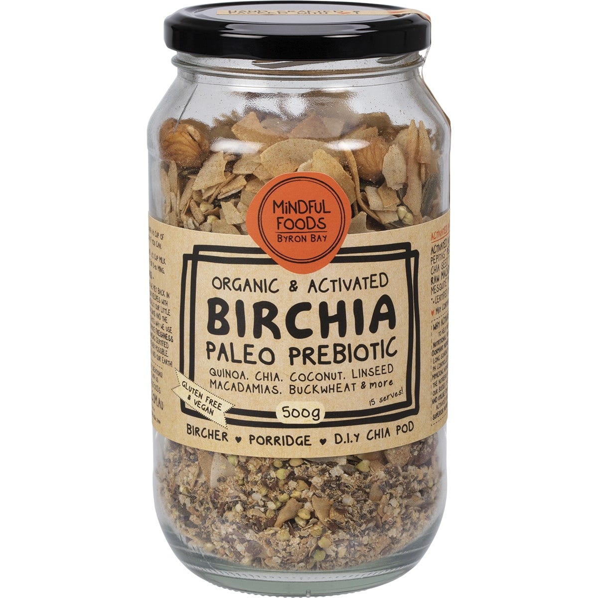 500g glass jar of Mindful Foods Birchia Paleo Prebiotic Granola, organic and activated, on a white background.