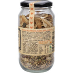 Side view of Mindful Foods Birchia 500g granola jar showing product features and nutritional information.