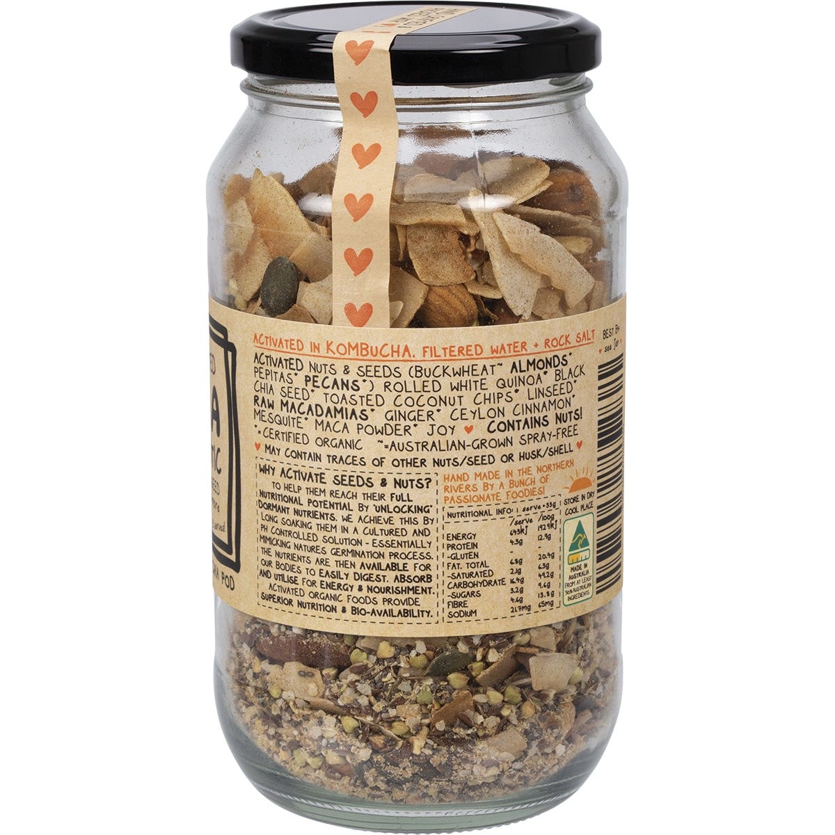 Side view of Mindful Foods Birchia 500g granola jar showing product features and nutritional information.