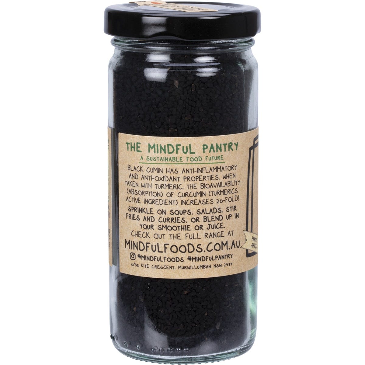 Back of Mindful Foods Organic Black Cumin 120g jar with nutrition facts, ingredients, and usage instructions.