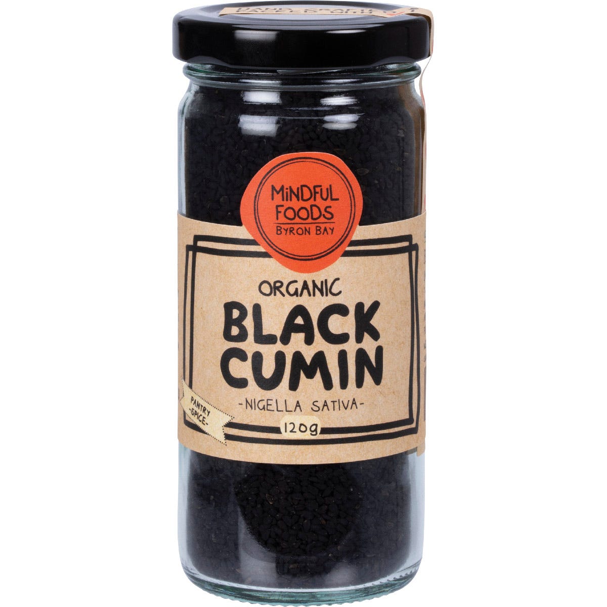 120g jar of Mindful Foods Organic Black Cumin seeds with a brown label on a white background.