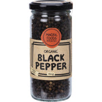 A 130g glass jar of Mindful Foods Organic Whole Black Peppercorns with a white and black label on a white background.