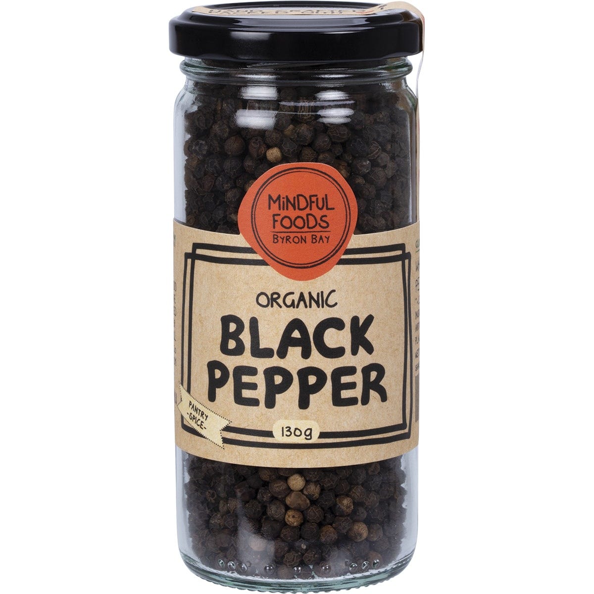 A 130g glass jar of Mindful Foods Organic Whole Black Peppercorns with a white and black label on a white background.