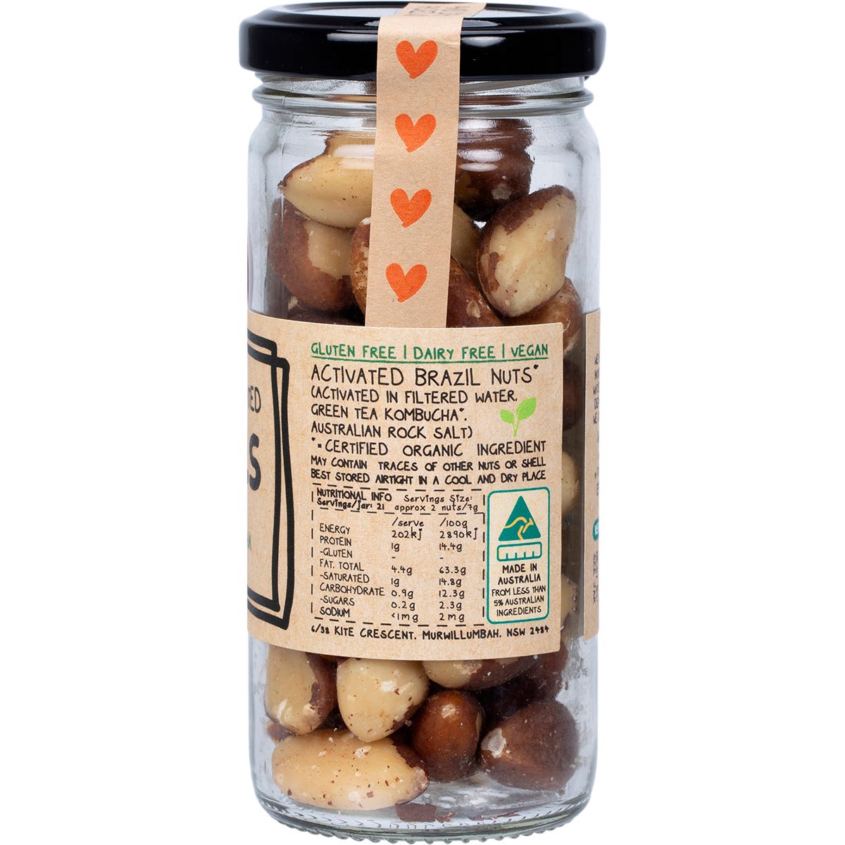 Glass jar of Mindful Foods Organic and Activated Brazil Nuts with a white label on a white background.