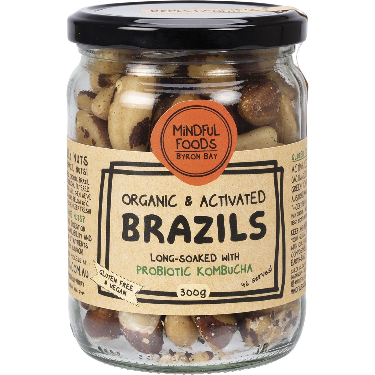 Mindful Foods 300g glass jar of organic and activated Brazil nuts with a brown and white label.