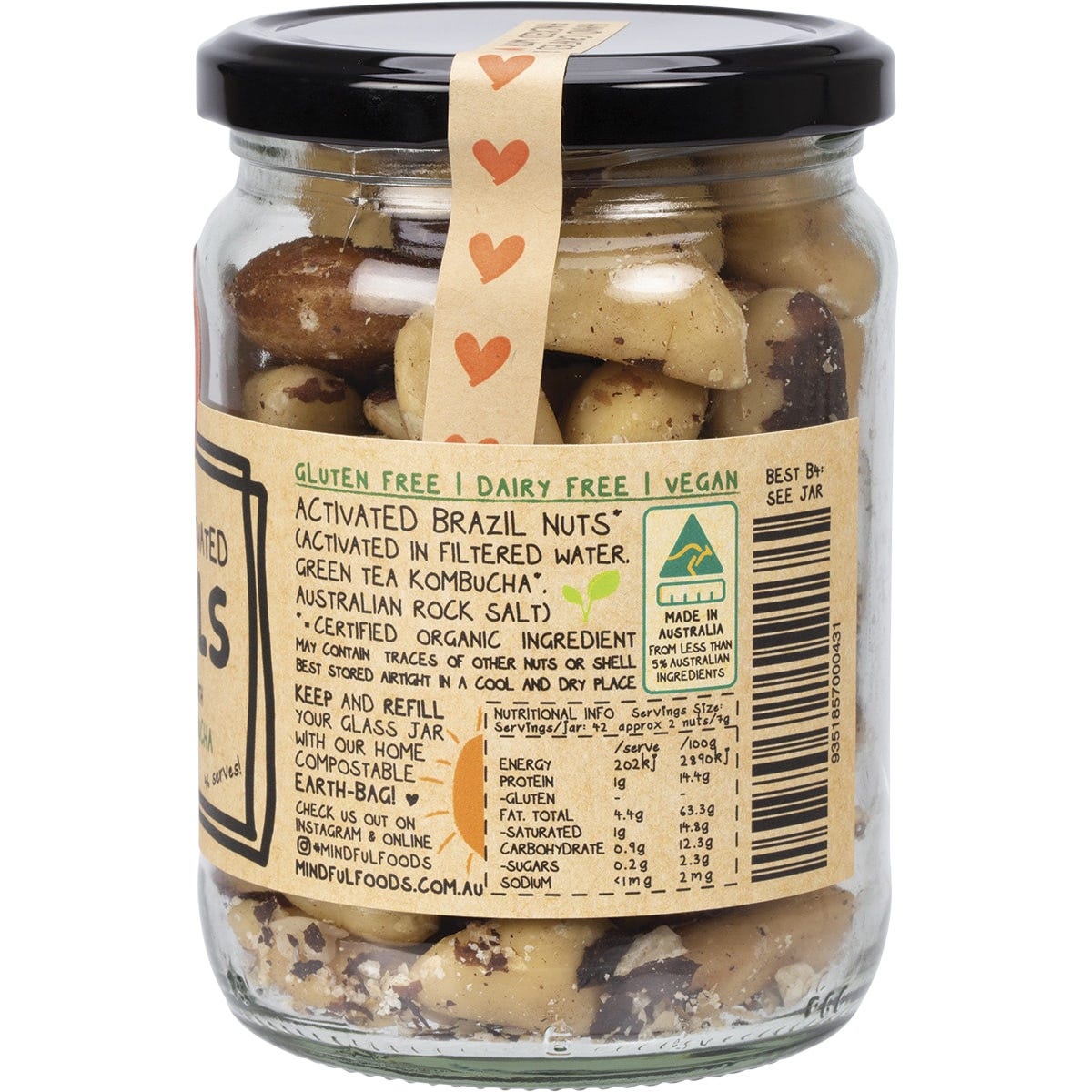 Mindful Foods 300g glass jar of organic activated Brazil nuts shown from a side angle on a white background.