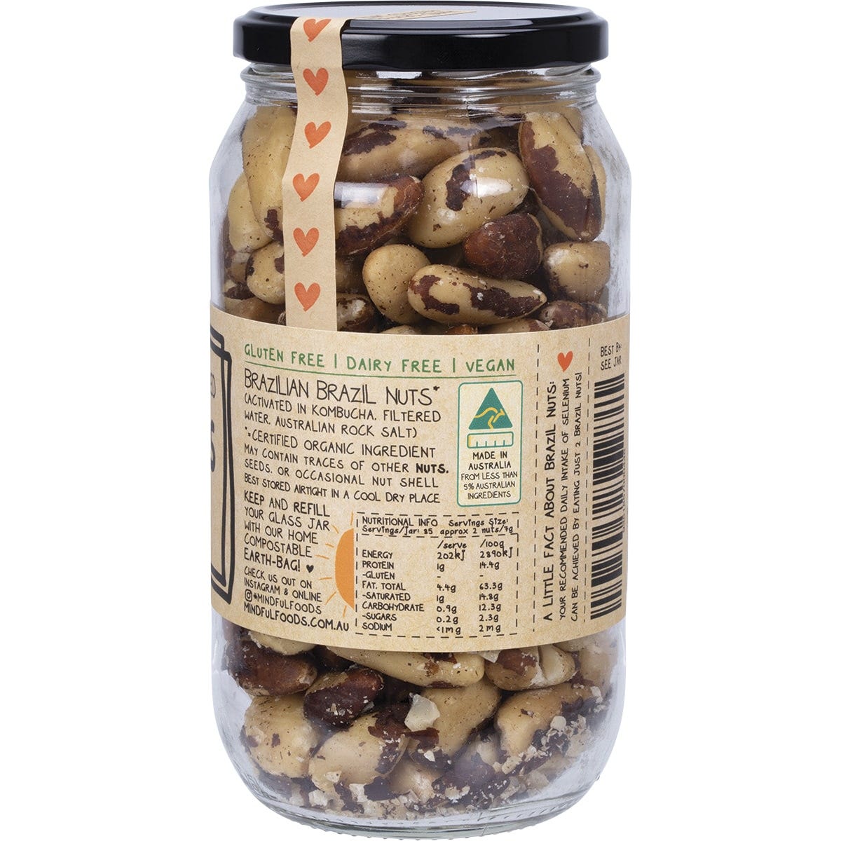 Side view of a Mindful Foods Organic & Activated Brazil Nuts 600g glass jar highlighting its blue and white label.