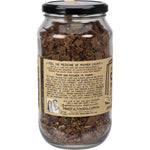 Side view of a 450g glass jar of Mindful Foods Cacao Brain Power Granola with a white and blue label.