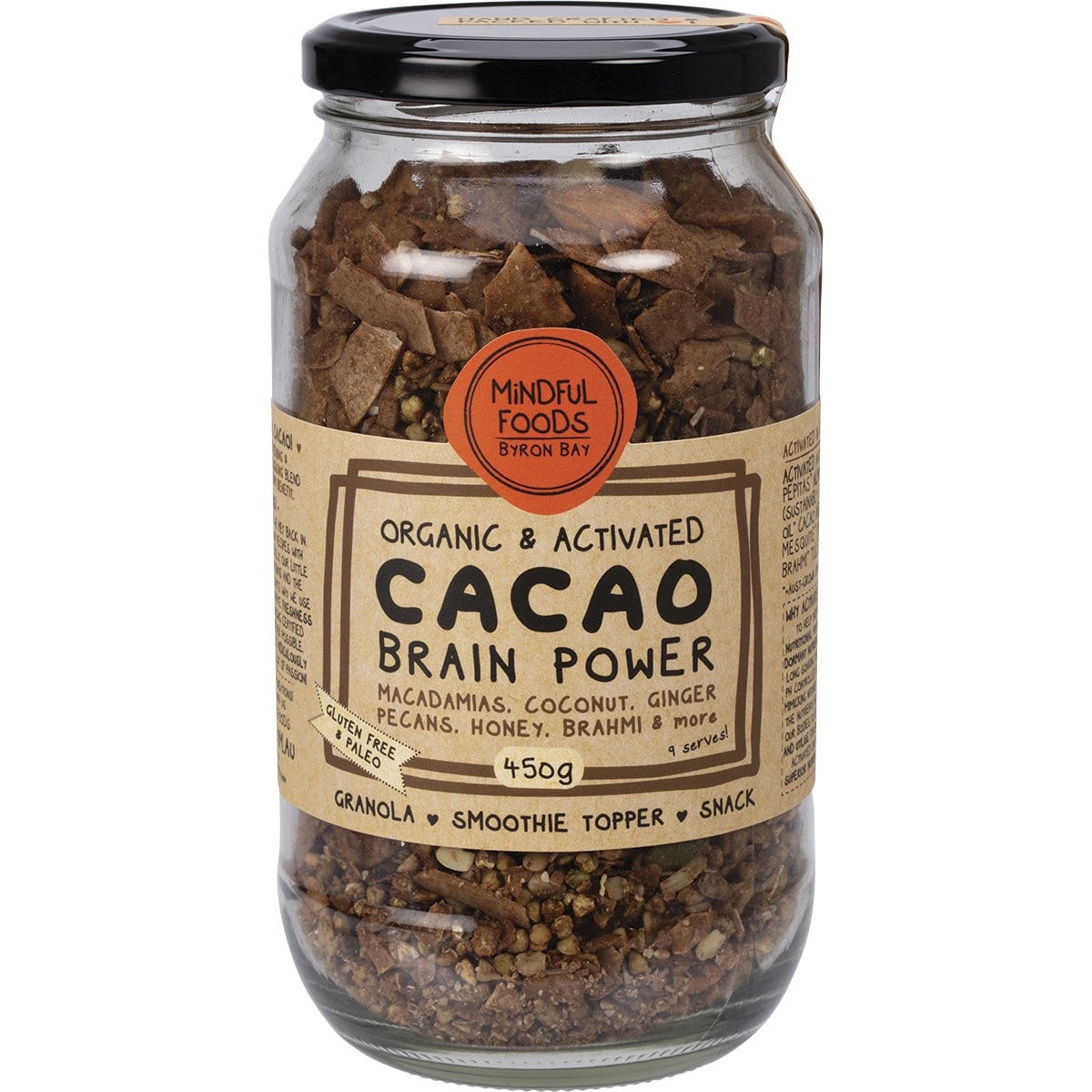 450g glass jar of Mindful Foods Cacao Brain Power Granola with activated organic seeds and nuts.