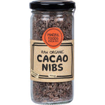120g jar of Mindful Foods Raw Organic Cacao Nibs with a black lid and illustrated label on a white background.