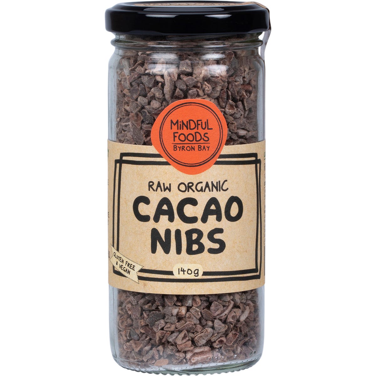 120g jar of Mindful Foods Raw Organic Cacao Nibs with a black lid and illustrated label on a white background.