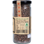 120g jar of Mindful Foods raw organic cacao nibs with an illustrated label on a white background.