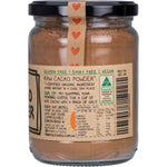 Mindful Foods 200g tub of Raw Organic Cacao Powder featuring a dark label with botanical illustrations.